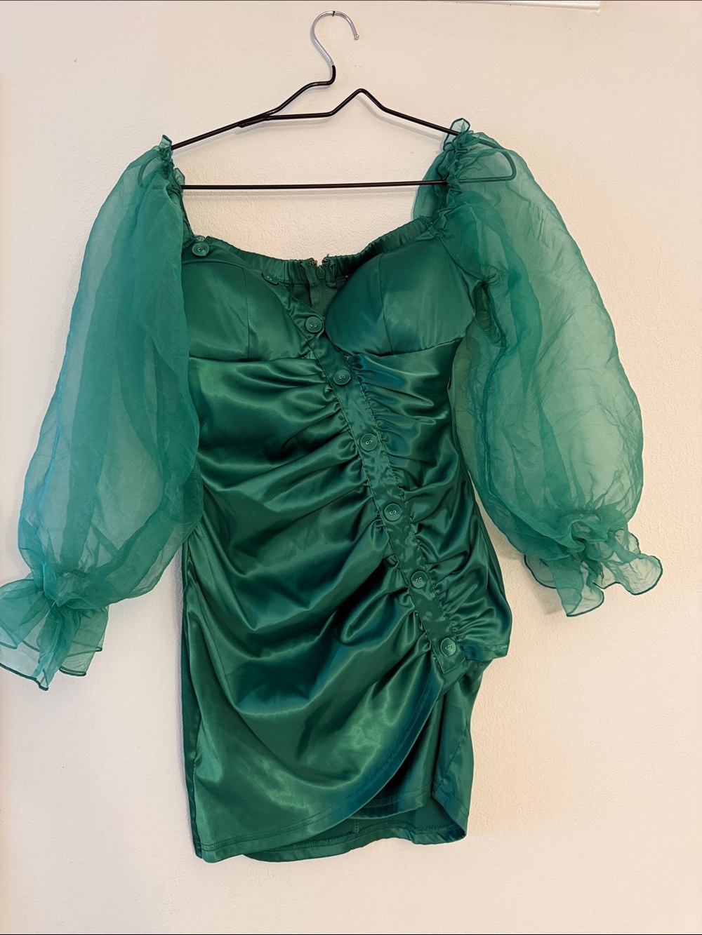 Green Satin Ruched Mini Dress with Sheer Puff Sleeves